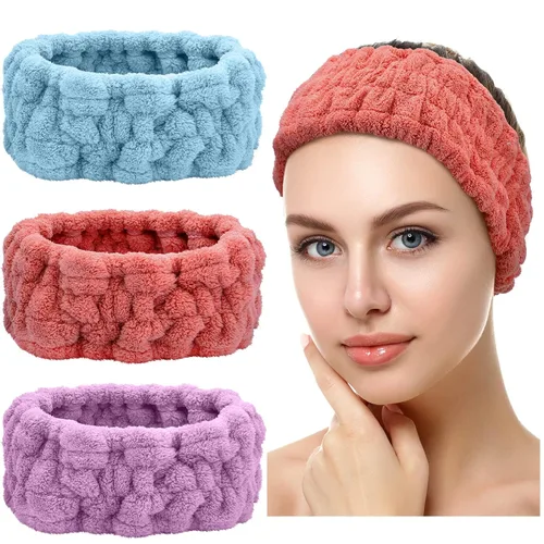 Chuangdi 3 Piezas Diadema Elástica para Maquillaje, Yoga, Deportes, Ducha - Envoltura para la Cabeza para Mujeres y Niñas (Rojo, Azul, Morado)
