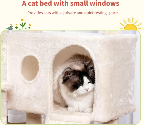Miniatura 4 de Hey-brother Torre de árbol para gatos, postes rascadores con juguetes extraíbles, acogedor condominio, plataforma, hamaca, tabla de rascar de sisal
