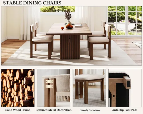 Miniatura 5 de HNY Juego de 4 sillas de comedor modernas de lino, tapizadas de tela beige, con marco de madera natural y respaldo curvado, sillas de madera sin
