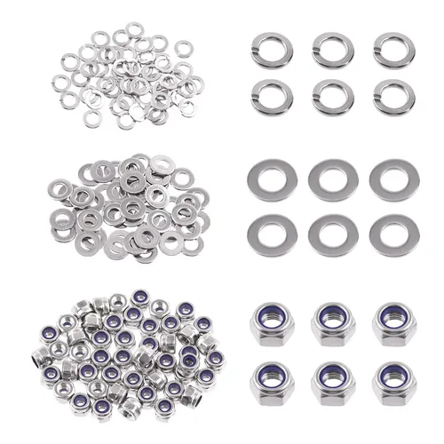 Miniatura 11 de Swpeet Kit de surtido de 150 piezas de tuercas hexagonales de bloqueo de acero inoxidable SAE 304 de 1/4"-20 y arandelas planas de 1/4