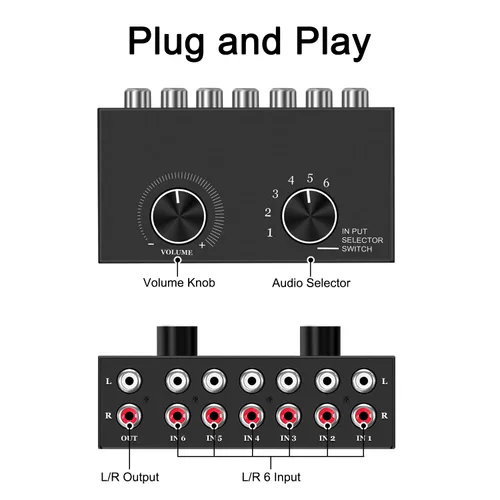 Miniatura 2 de Dingsun Conmutador de audio de 6 vías, interruptor de audio estéreo de canal derecho e izquierdo, Plug & Play, compatible con TV, reproductor