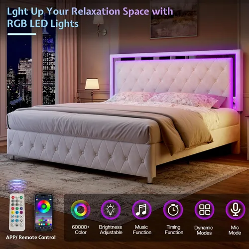 Miniatura 4 de Jocisland Base de cama matrimonial con cabecero y estribo de luces LED, tapizado de terciopelo, plataforma de tamaño matrimonial, no necesita Crema