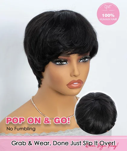 Miniatura 2 de QUEEN VIRGIN REMY QVR Pixie Cut Wig Human Hair Wigs with Bangs Short Wigs for Black Women Human Hair Different Style Pixie Wig for Daily Wear Black