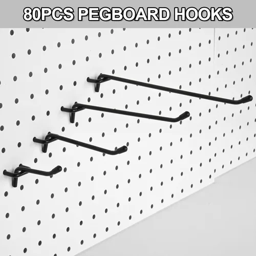 Miniatura 8 de Paquete de 80 ganchos para tablero de clavijas de 2/4/6/8 pulgadas, ganchos negros extra gruesos de 1/4 pulgadas para colgar, accesorios de tablero