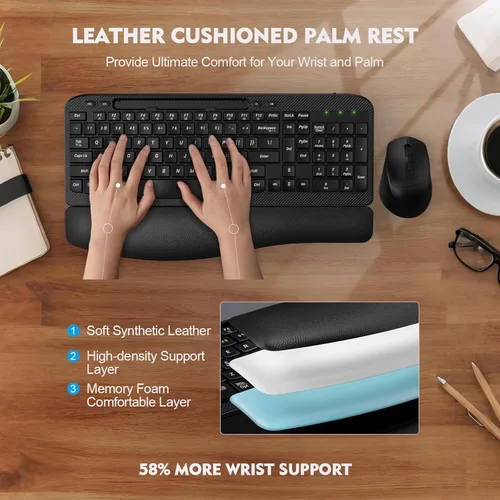 Miniatura 3 de Juego de teclado y mouse inalámbrico, teclas de onda de tamaño completo, teclado ergonómico con reposa muñecas acolchado, soporte para teléfono