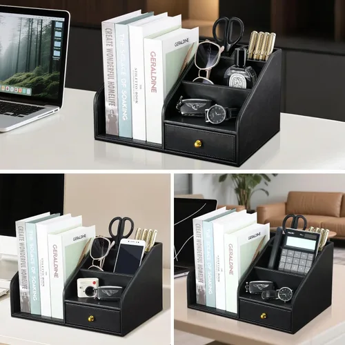 Miniatura 7 de KINGFOM Organizador de escritorio de piel sintética, organizador de escritorio multifunción con 6 compartimentos y accesorios para suministros