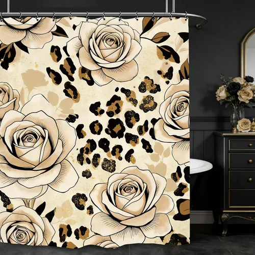 Miniatura 3 de Cortina de ducha de baño con diseño de flores de leopardo y rosas, 60 pulgadas de ancho por 71 pulgadas de alto, color marrón, marrón, marrón