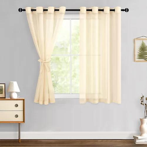 Miniatura 132 de Hiasan - Cortinas traslúcidas de gasa cortas semitransparentes con ojales y alzapaños filtrantes de luz para ventana, dormitorio, baño, 2 paneles