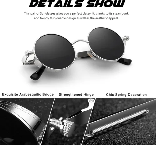 Miniatura 3 de CGID E72 - Lentes de sol polarizados redondos con círculos de metal estilo steampunk retro para mujeres y hombres
