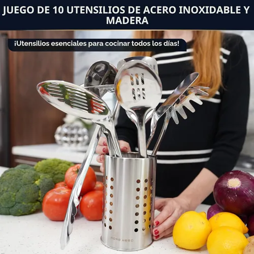 Miniatura 2 de Home Hero Juego de utensilios de cocina de acero inoxidable – Juego de utensilios de cocina de acero inoxidable antiadherente con mango de madera
