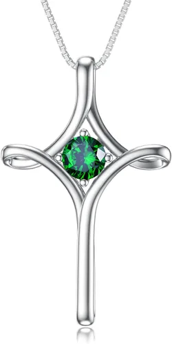 TOUPOP Collar de cruz para mujer, plata de ley 925, collar de cruz de piedra natal, joyería de fe fina, regalo de cumpleaños, aniversario, Navidad,