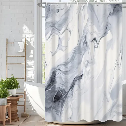 Miniatura 35 de Cortina de ducha abstracta de mármol negro gris y dorado con grietas, cortina de baño moderna ombre impresa, cortina impermeable y lavable de tela