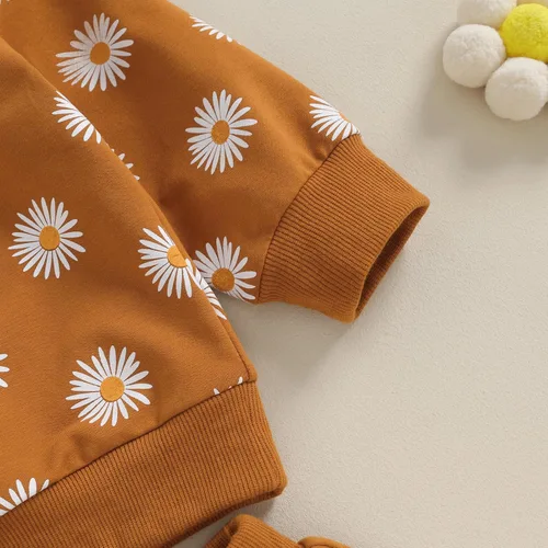 Miniatura 3 de CIYCUIT Conjunto de 3 piezas de sudadera de margaritas + pantalones + diadema, ropa infantil de otoño e invierno