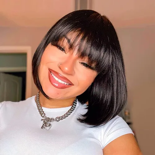 Miniatura 22 de ToyoTress Peek-a-boo Peluca de color Bob con flequillo, 8 pulgadas, mezcla de negro y marrón, pelucas Bob de corte romo, para mujeres negras, SH30