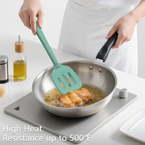 Miniatura 4 de Coukre Juego de 3 espátulas de silicona, resistentes a altas temperaturas, sin BPA, espátula para pescado, volteador sólido y con ranuras