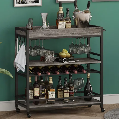 Miniatura 2 de BON AUGURE Carrito de Bar, Carrito de Servicio de Bar para el Hogar con Ruedas, Carrito de Bebidas Móvil de 3 Niveles con Estante para Vino