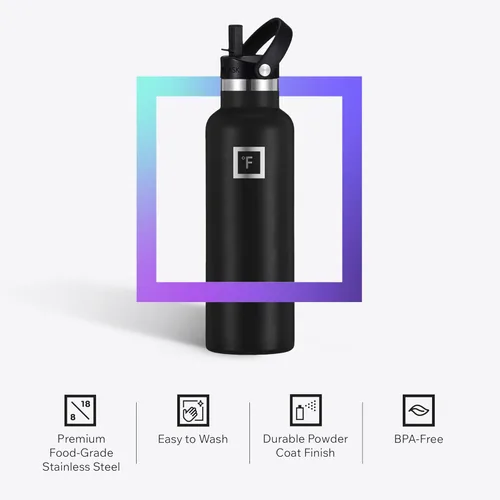 Miniatura 5 de IRON °FLASK Botellas de agua de campamento/senderismo, 3 tapas (estrecha con popote), sin fugas, aisladas al vacío, acero inoxidable de doble pared
