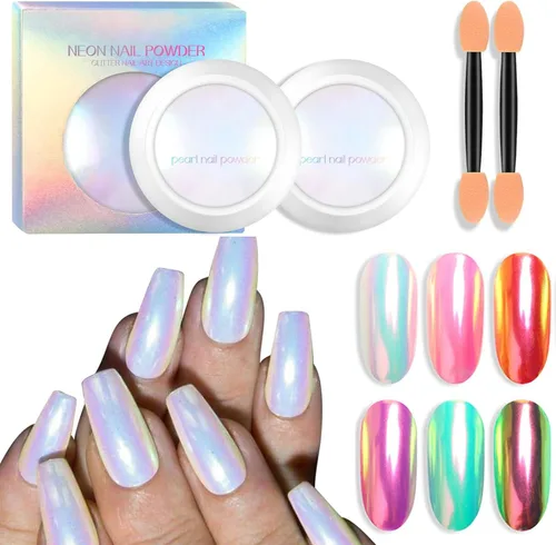 Ownest 2 piezas de polvo de uñas cromado neón, pigmento de purpurina de uñas cromadas de unicornio, pigmento iridiscente en polvo Aurora para uñas,