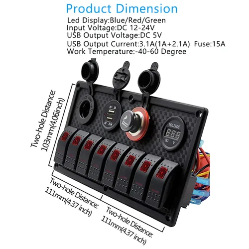 Miniatura 2 de KAOLALI Panel de interruptor basculante de 8 bandas, 12 V, 24 V, impermeable, con doble USB, encendedor de cigarrillos, voltímetro, LED azul