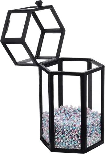 FRCOLOR Soporte de cristal para brochas de maquillaje con tapa, organizador de brochas de maquillaje vintage, caja de almacenamiento con perlas