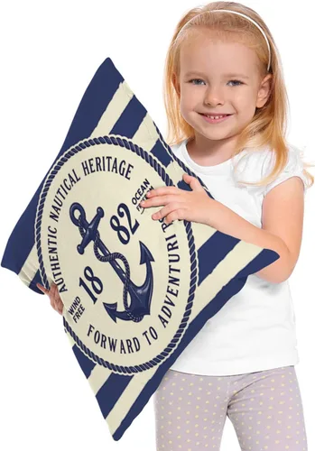 Miniatura 2 de Funda para cojín Beabes de 18"X18" con ancla, diseño náutico azul y blanco a rayas, funda de almohada cuadrada de algodón y lino para el hogar