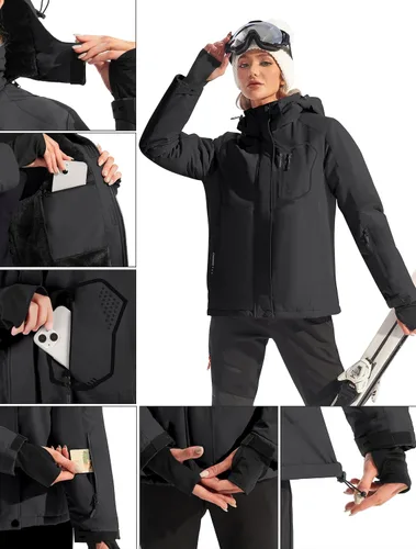 Miniatura 5 de Ewedoos Chaquetas de esquí de nieve para mujer con capucha desmontable, resistente al viento, chaqueta de snowboard de invierno para mujer