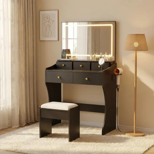 Garvee Tocador de 31.5 pulgadas de ancho con silla, tocador para mujer con taburete, espejo LED, soporte para secador de pelo, toma de corriente, 3