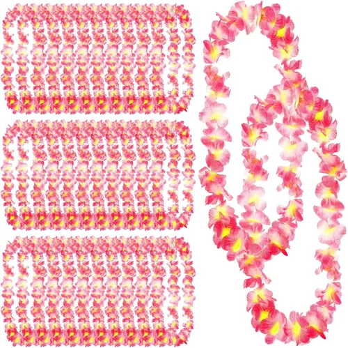 Miniatura 8 de Jexine 50 unidades de collar hawaiano Leis de flores tropicales para fiesta Luau, flores artificiales, lazo para el cuello para decoración de playa