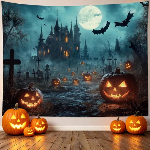 Miniatura 19 de EOBTAIN Scary Halloween Tapestry Gothic Black Crow Skull in Horror Graveyard Tapestry Wall Hanging Spooky Raven under Misty Full Moon Night Wall Art