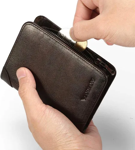 Miniatura 31 de Billetera para hombre con cremallera de cuero genuino RFID tarjeteros de piel de vaca con cremallera bolsillo para monedas, carteras plegables