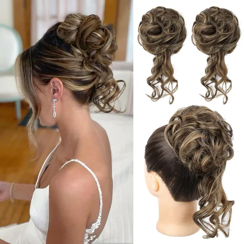 Miniatura 25 de HOOJIH 2 piezas de moño despeinado, recogido despeinado con mechones, extensiones de moño de cabello ondulado rizado, envoltorio de cabello, cola