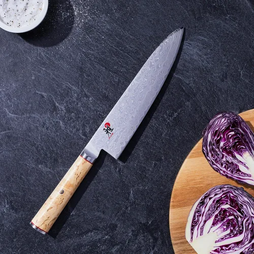 Miniatura 2 de Miyabi Birchwood SG2 Cuchillo de chef japonés, 8 pulgadas, cuchillo de cocina de chef, mango de abedul kárelio, patrón de damasco floral de 100