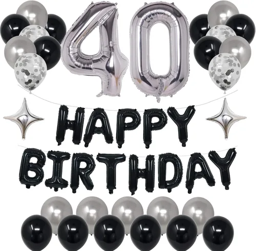 Miniatura 31 de Decoraciones de fiesta de cumpleaños color negro y plateado para niños y niñas, suministros de fiesta de cumpleaños número 14 con pancarta negra