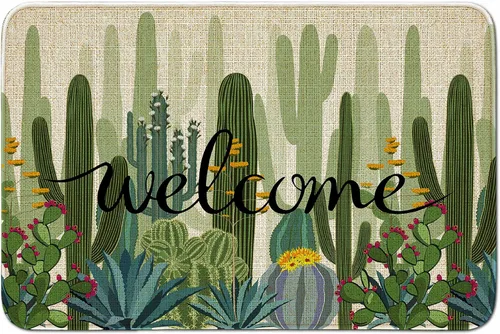 Tapete de bienvenida para puerta de exterior, color verde cactus, 36 x 24 pulgadas, antideslizante, lavable, tapete para puerta de entrada interior