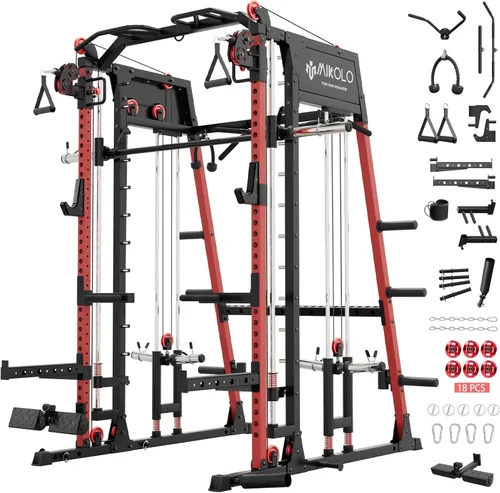 Miniatura 25 de Máquina de Smith Mikolo, banco de sentadillas de 2200lbs con sistema de tracción LAT y máquina de cruce de cables, equipo de entrenamiento con Rojo