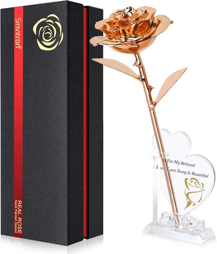 Miniatura 12 de Sinvitron Rosa Infinita Bañada en Oro - Rosa Eternamente Preservada en Resina Flor Eterna para Decoración de Cumpleaños, Día de la Madre, Rojo