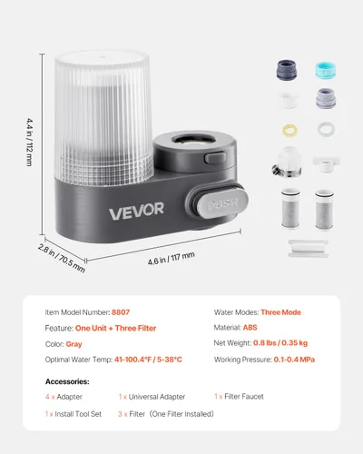 Miniatura 7 de VEVOR Filtro de agua de montaje en grifo, purificador de agua vertical para grifo de fregadero, filtro de fibra de carbono certificado NSF, elimina