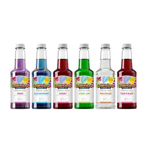 Variedad de jarabe para raspadilla hawaiana, 6 sabores populares de 16 oz: cereza, uva, frambuesa azul, sangre de tigre, limón-lima, piña colada