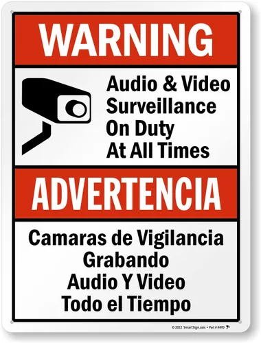 Miniatura 22 de SmartSign-S-9392-AL-14 Advertencia - Vigilancia de Audio y Video En Servicio en Todo Momento Letrero Bilingüe 10" x 14" de Aluminio - Negro/Rojo