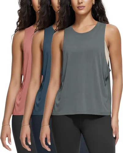 Miniatura 22 de ODODOS Paquete de 3 camisetas sin mangas sueltas para mujer, camisetas sin mangas para gimnasio, atletismo, entrenamiento, camisetas de yoga