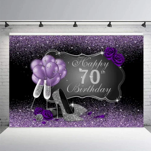 Miniatura 2 de Fondo fotográfico negro y morado con tacones altos plateados, globos de rosa morada para fiesta de cumpleaños número 70, telón de fondo
