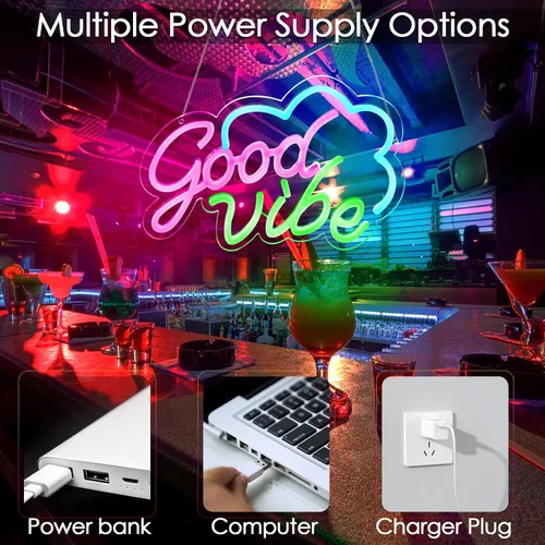 Miniatura 4 de Good Vibe - Letrero de neón con luces LED de neón rosadas, decoración de pared para dormitorio, letrero LED alimentado por USB para decoración