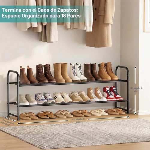Miniatura 2 de AOODA Zapatero largo de 2 niveles para armario, organizador de almacenamiento de zapatos apilable de metal para entrada, dormitorio, piso, 18 pares
