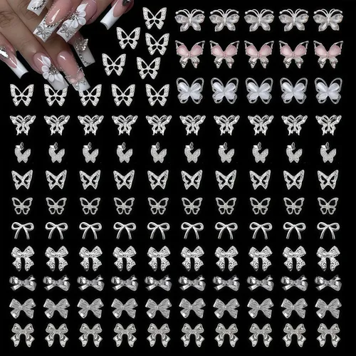 Juego de 115 dijes de uñas con lazo de mariposa 3D, joyería de diamantes de imitación de metal, accesorios de aleación brillante Y2K para diseño de