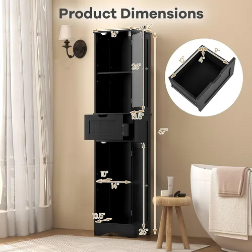 Miniatura 3 de Tangkula Armario de almacenamiento de baño de 67 pulgadas de alto, torre independiente delgada con 2 puertas y 1 cajón, gabinete de piso estrecho
