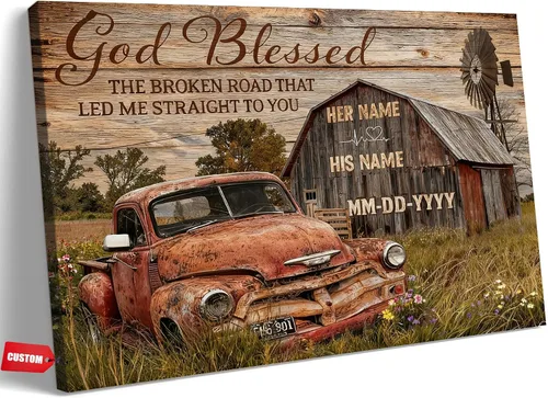 Miniatura 25 de Lienzo de pared de camión antiguo de granja, arte de pared de granero rústico, impresiones de lienzo de camioneta vintage de campo, impresiones