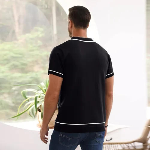 Miniatura 3 de Polo de manga corta para hombre, ajuste regular, informal, de punto sólido, con cremallera de un cuarto, para golf