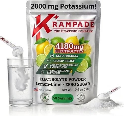 Krampade Electrolitos con alto contenido de potasio en polvo, cero azúcar, lima limón, 4180 mg, electrolitos, 2000 mg de potasio, alivio y
