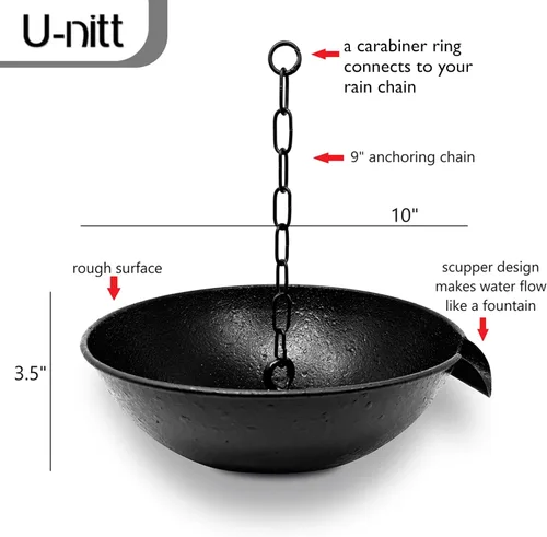 Miniatura 2 de U-nitt Cuenco colector de derrames de bajante de 10 pulgadas para anclaje de cadena de lluvia y estaca Recolección de agua de lluvia para techo