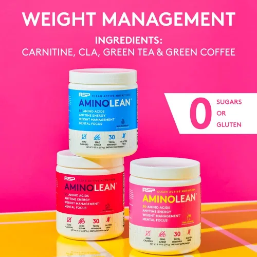 Miniatura 4 de Fórmula para ganar energía y perder peso de RSP AminoLean. BCAA en polvo con ALC, extracto de té verde y cafeína para desarrollar el músculo magro